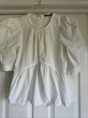 Zara White Peplum Puff Sleeve Blouse